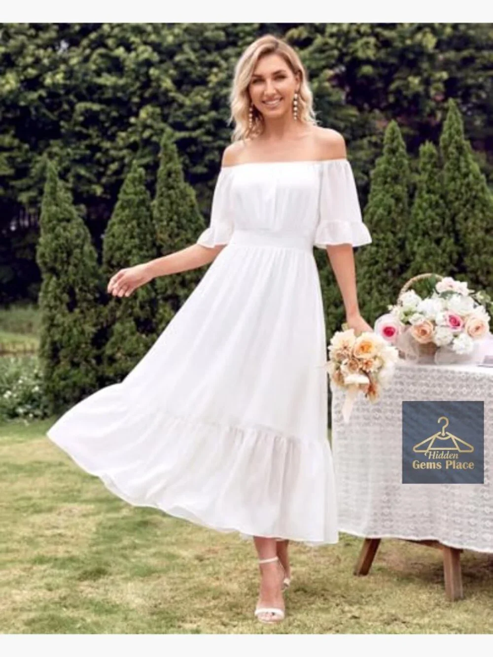Off Shoulder Midi Dress Ruffle Sleeve Smocked Elastic Waist Flowy Bohemian